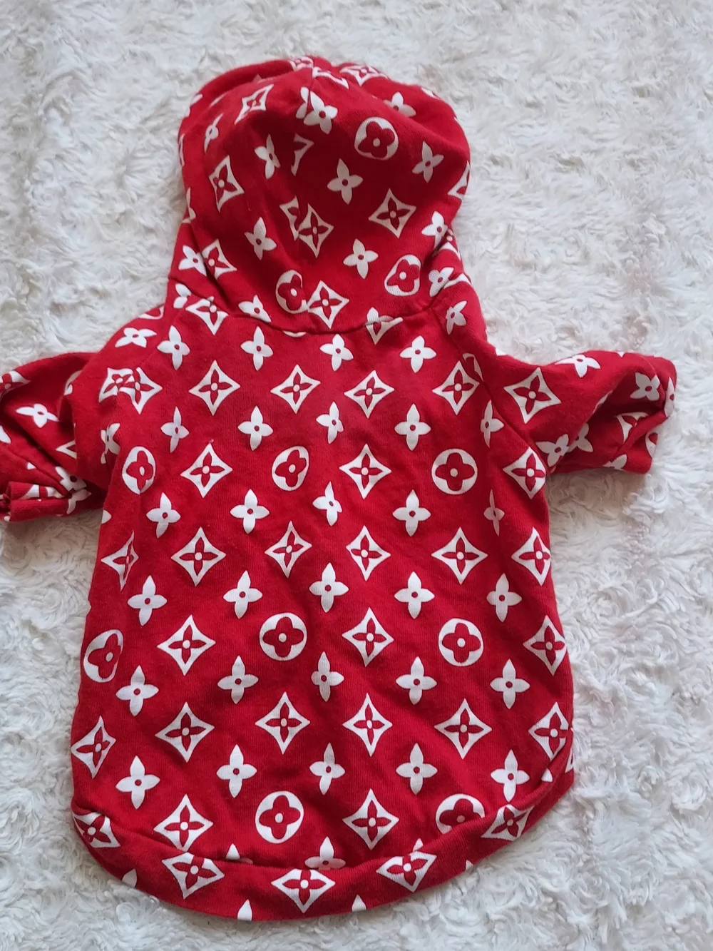 Red Patterned Dog Hoodie - Stylish Pet Sweatshirt XS - Picture 2 of 4